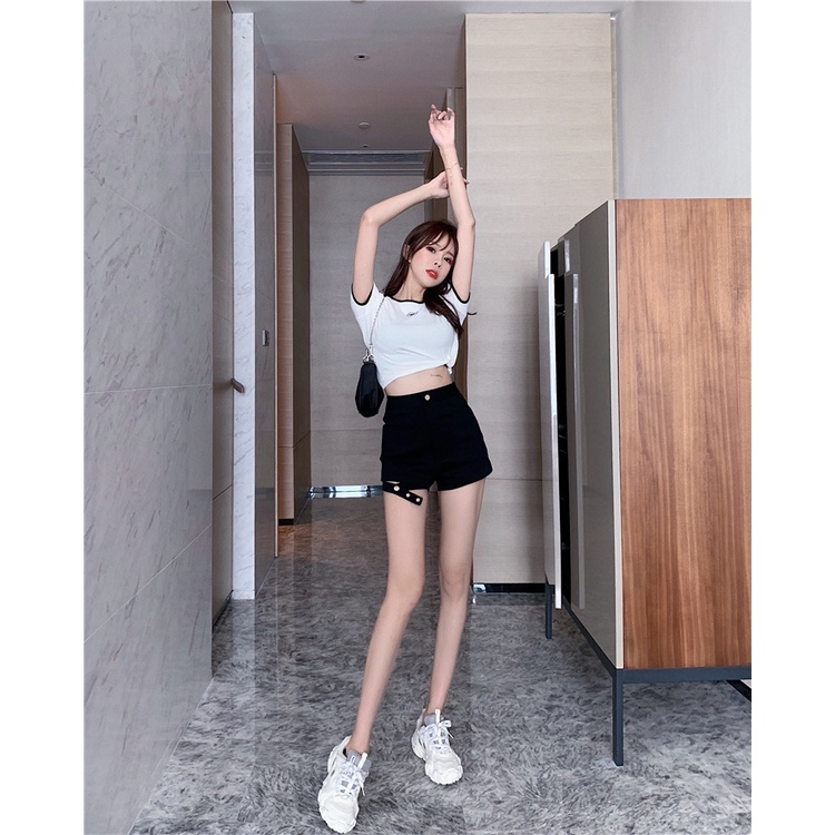 DUNEA Quần Short Lưng Cao Màu Trơn Phối Khóa Cài Thời Trang Trẻ Trung Cho Nữ