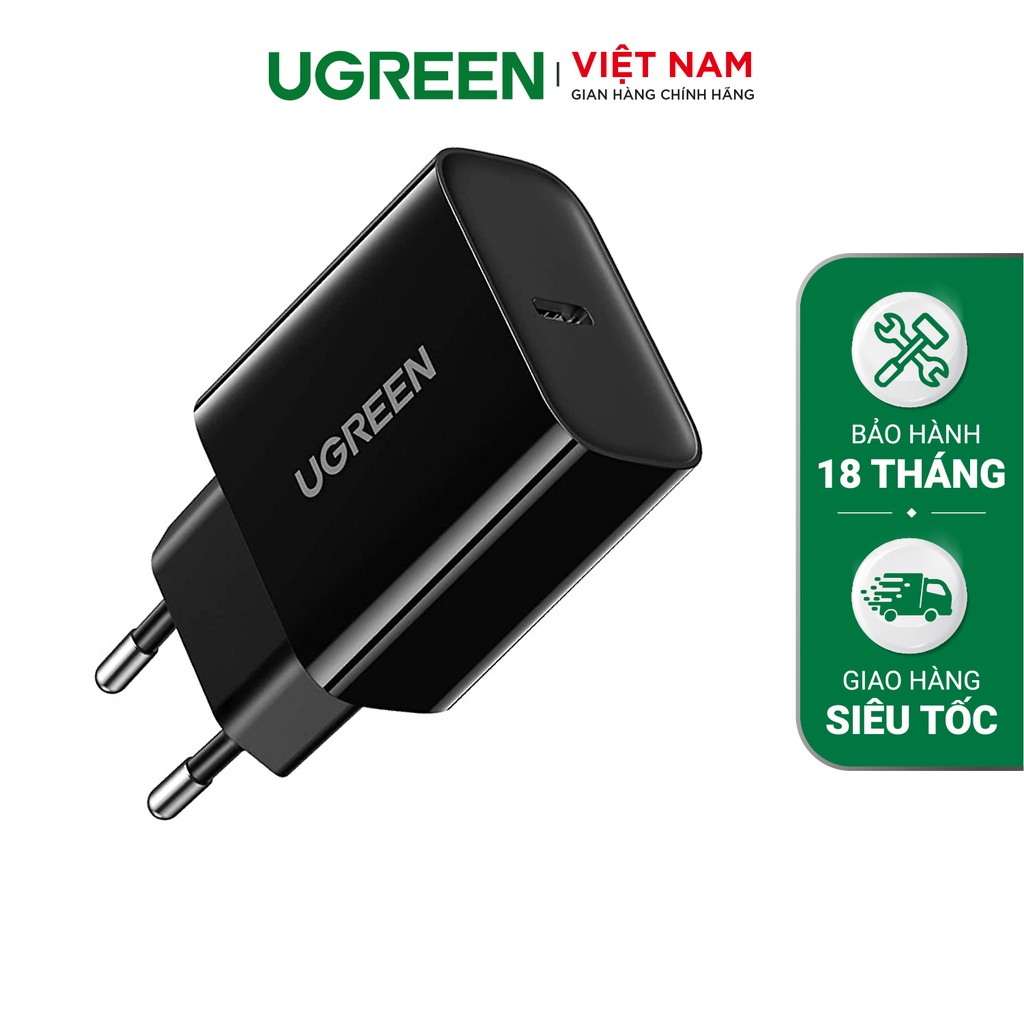 Củ sạc nhanh UGREEN 10191 Sạc nhanh 18W QC3.0 - Vỏ nhựa ABS chân cắm EU - Hàng chính hãng