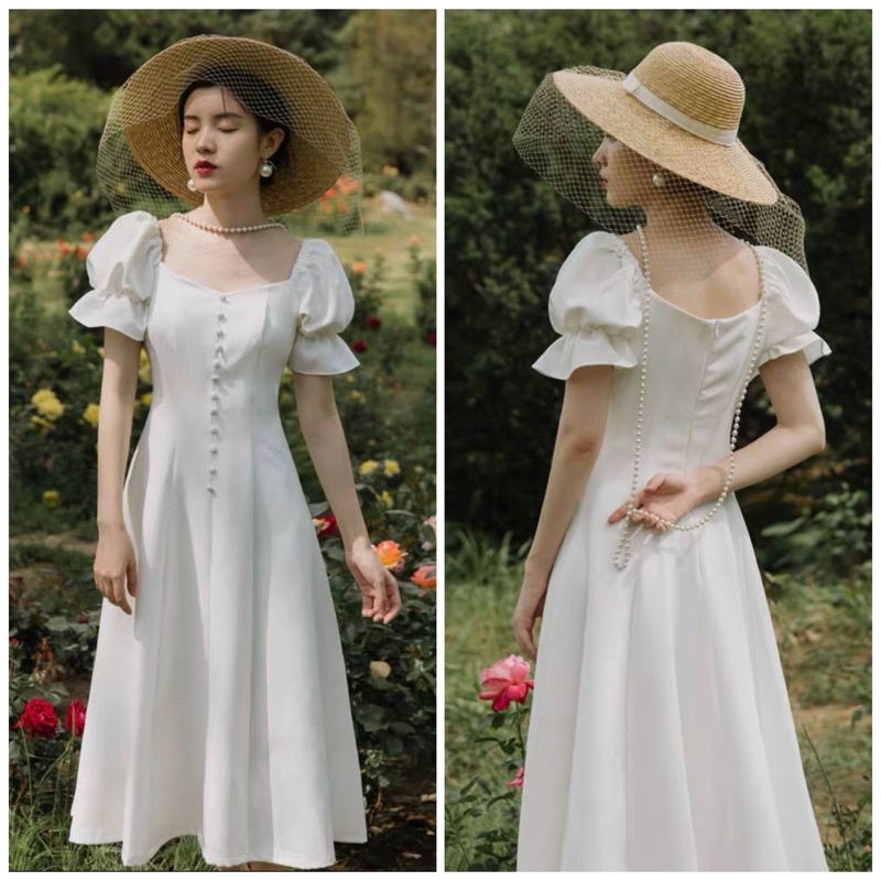 Đầm trắng nút bọc form dài, váy dự tiệc, váy vintage công chúa (kèm hình thật)