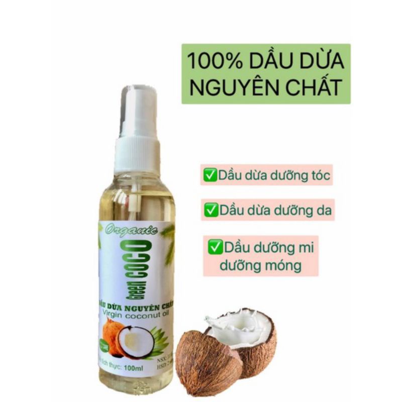 Dầu Dừa GREEN CoCo Organic .Dưỡng Tóc &amp; Da 100% Tinh khiết.Ép Lạnh. ( Chai xịt 100ml)