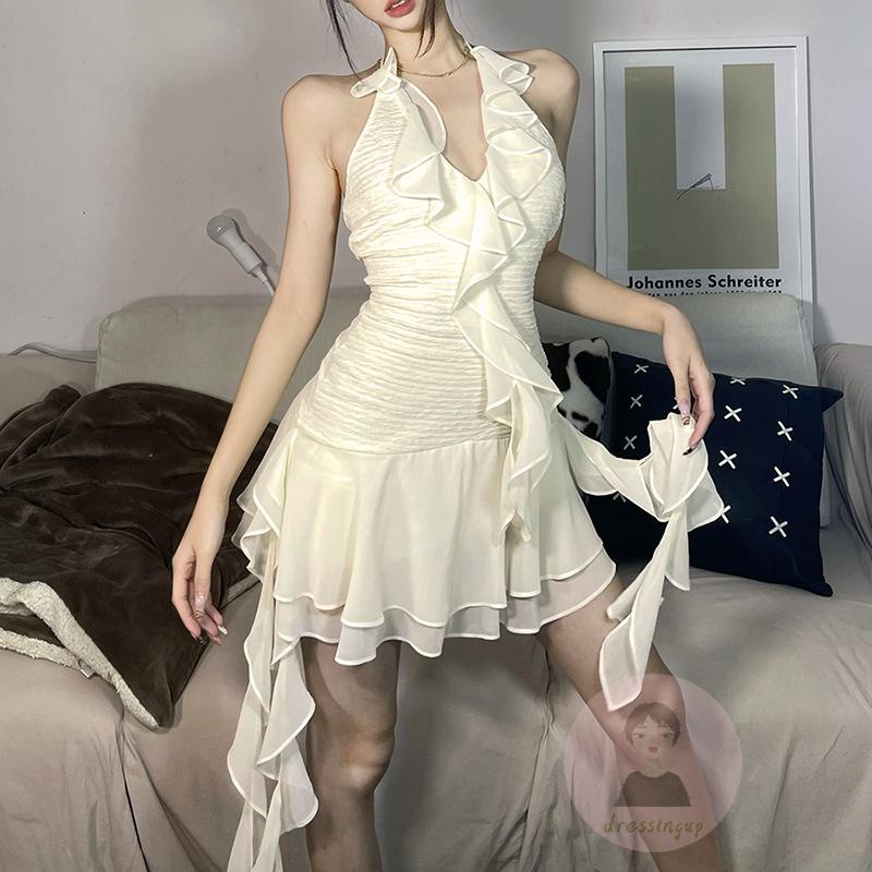 Đầm Hai Dây Nhún Bèo Màu Sắc Đơn Giản Thời Trang Cho Nữ