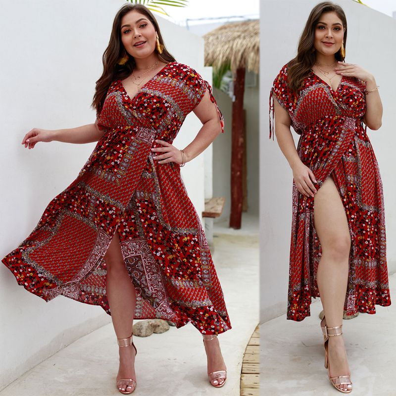 Xiangbao Đầm Dài Đi Biển Mùa Hè Xẻ Tà In Họa Tiết Cổ Điển Kích Thước Lớn Cho Nữ