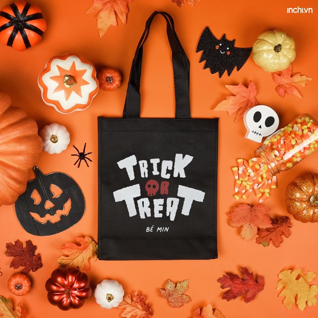 ( Có in theo yêu cầu, sll) Túi Tote Đen Khóa Vải Canvas In Họa Tiết Halloween Độc Đáo Thú Vị Có Túi Con