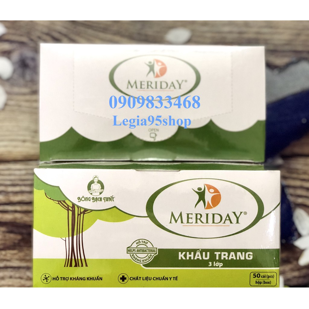 Khẩu trang y tế Meriday 3 lớp Màu Trắng hỗ trợ kháng khuẩn 50 cái/ Hộp - Hàng Chính hãng Bông Bạch Tuyết