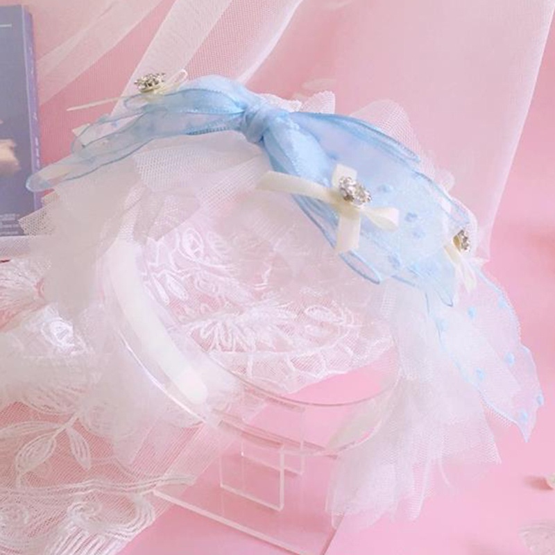 Băng Đô Cài Tóc Đính Nơ Phối Ren Xếp Ly Kiểu Lolita Dễ Thương Cho Bé Gái