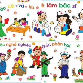 Combo 4 bộ Tranh góc decal dán tường mầm non