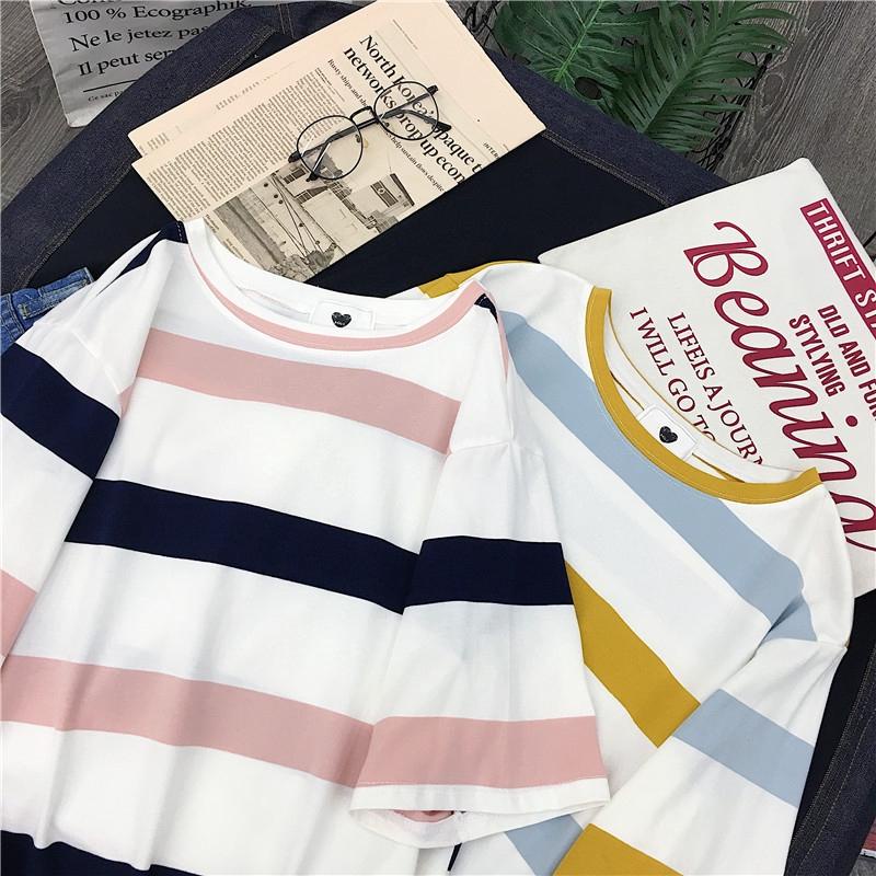 NUZIRO  Áo thun tay ngắn cổ tròn dáng rộng họa tiết kẻ sọc kiểu dáng Hàn Quốc dễ thương cho nữ