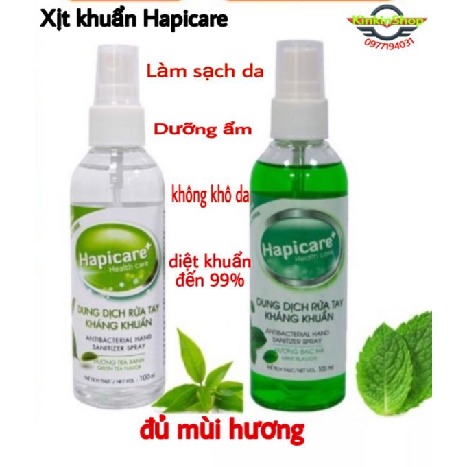 ((Giá sỉ)Chai Xịt Khuẩn Hapicare.Xịt Khuẩn 100ml Làm Sạch Da Dưỡng Ẩm Không Khô Da Diệt Khuẩn Đến 99%