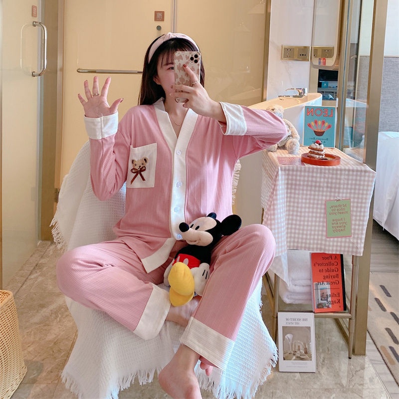 Bộ đồ ngủ tay dài phong cách Hàn Quốc thời trang xuân thu mới cho nữ