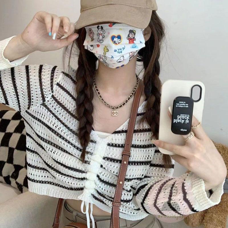 Áo Dệt Kim Tay Dài Cổ Chữ V Họa Tiết Kẻ Sọc Thiết Kế Dây Rút Thời Trang Mùa Hè Xinh Xắn Cho Nữ