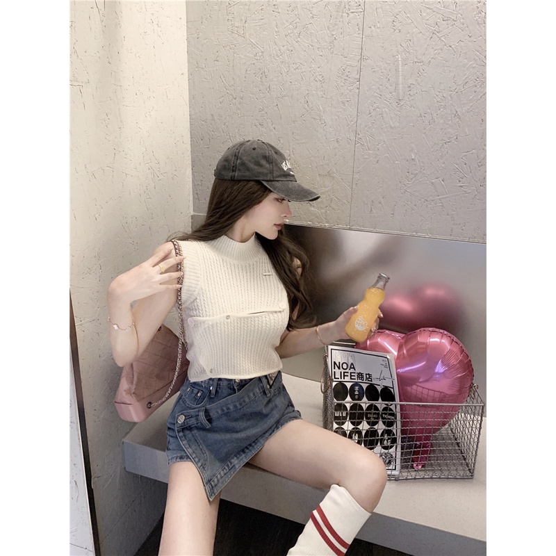 Set Áo Len Không Tay + Chân Váy Jeans Lưng Cao Phong Cách Hàn Quốc Mới Cho Nữ
