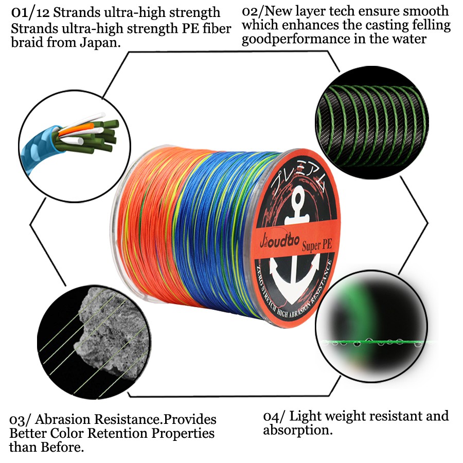 Cuộn dây câu cá 12 sợi PE nhiều màu sắc