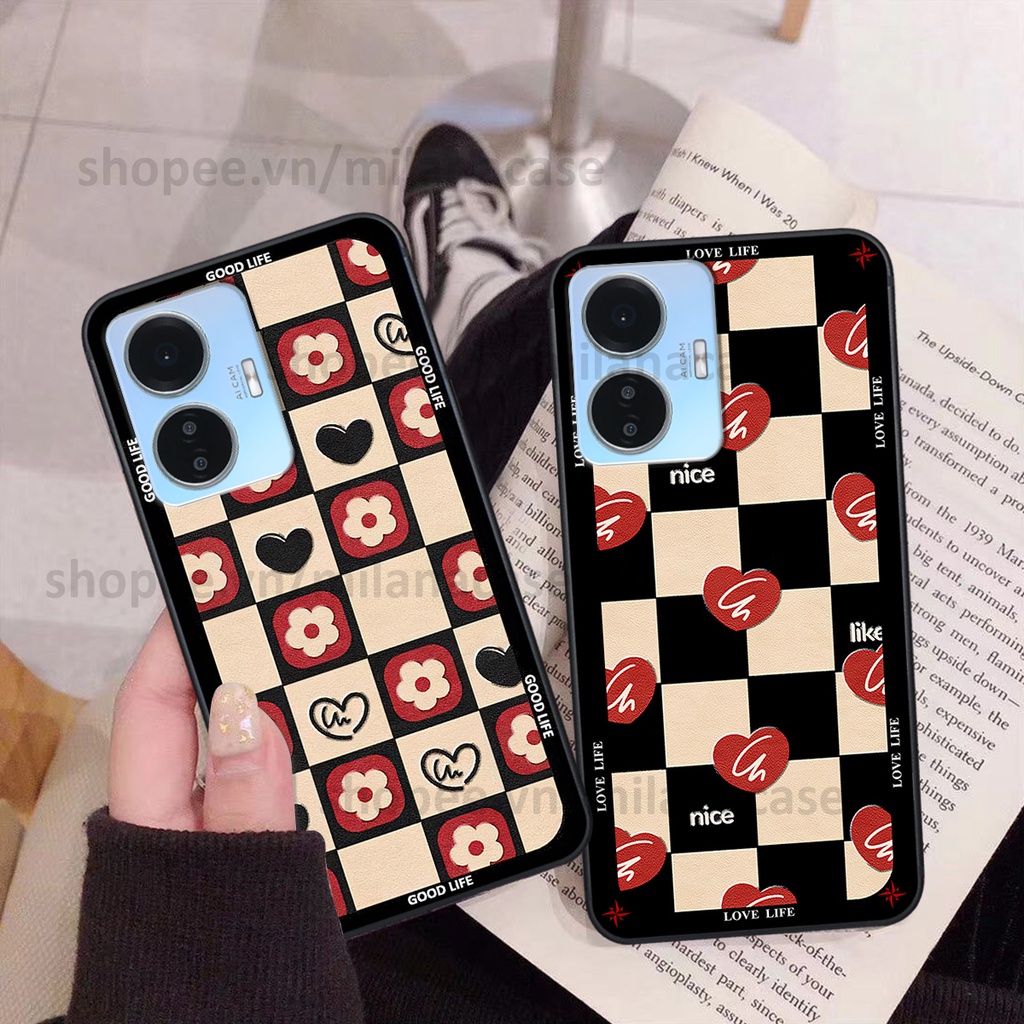Ốp Vivo Y55 2022 in hình caro trái tim siêu đẹp, siêu nét đầy phong cách cá tính