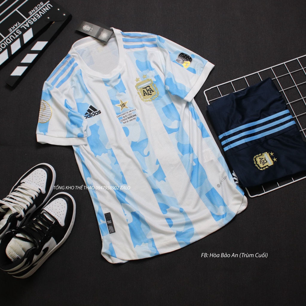 Áo Argentina Copa América 2021- Set Bộ Thể Thao Tuyển Agentina Màu Trắng Xanh Quần Tím Than - Vải Thái Chuẩn Áo Đấu