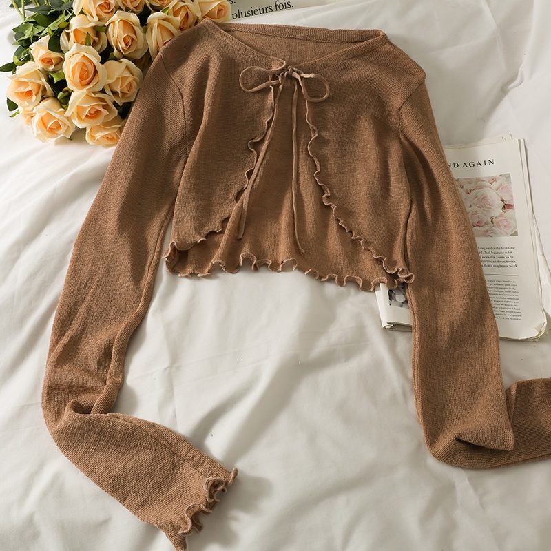 NUZIRO  Áo cardigan  mỏng che nắng dáng ngắn cổ thắt nơ phong cách Pháp màu sắc xuyên thấu thời trang cho nữ