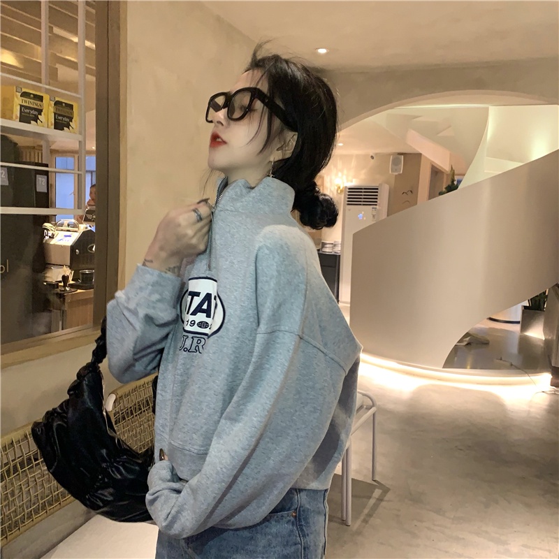 SUXI Áo Nỉ Tay Dài Cổ Đứng Thêu Chữ Thời Trang Mùa Thu Cho Nữ