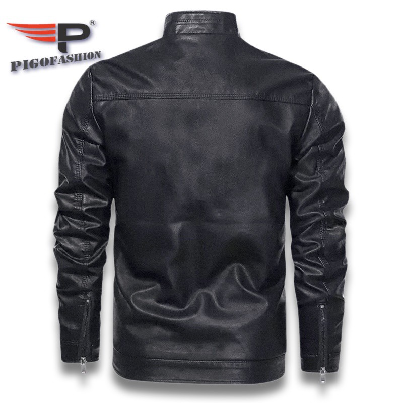 Áo khoác da nam lót lông leather jacket Pigofashion ADN09 có túi hai bên, tay phối khóa kéo