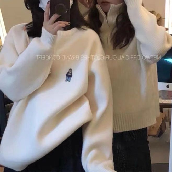 White bear embroidered round-neck sweater female winter lazy thickened bottom top loose soft waxy sweater