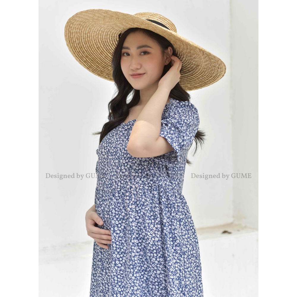 Váy Bầu Công Sở - Đầm Bầu GUME 2 màu tím,xanh dáng 3 tầng tay bo chất vải đũi sốp size từ 40-100kg  GM018 ảnh thật