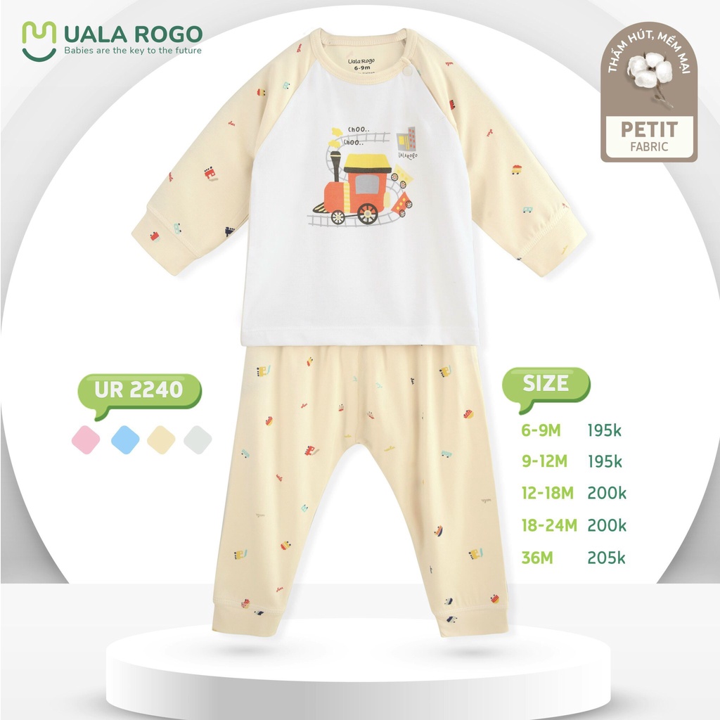 Quần áo bé trai dài tay MỎNG Ualarogo 6 tháng-3 tuổi vải Petit cúc bấm cổ thu đông họa tiết động vật 2240