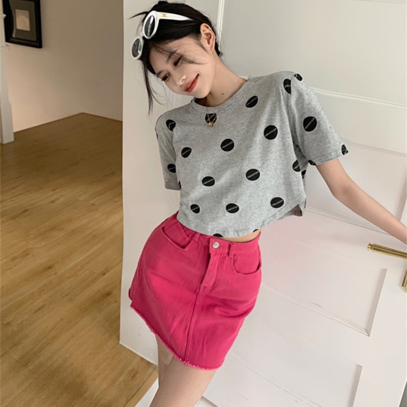 Áo Thun Tay Ngắn Hở Rốn Dáng Rộng Họa Tiết Chấm Bi Thời Trang Cho Nữ
