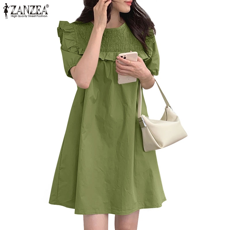 Đầm ZANZEA tay phồng xếp ly phong cách Hàn Quốc thời trang cho nữ