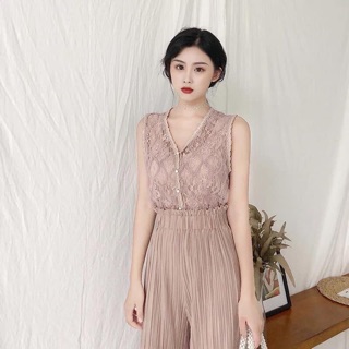 Set áo ren quần ống sớ xếp ly max xinh