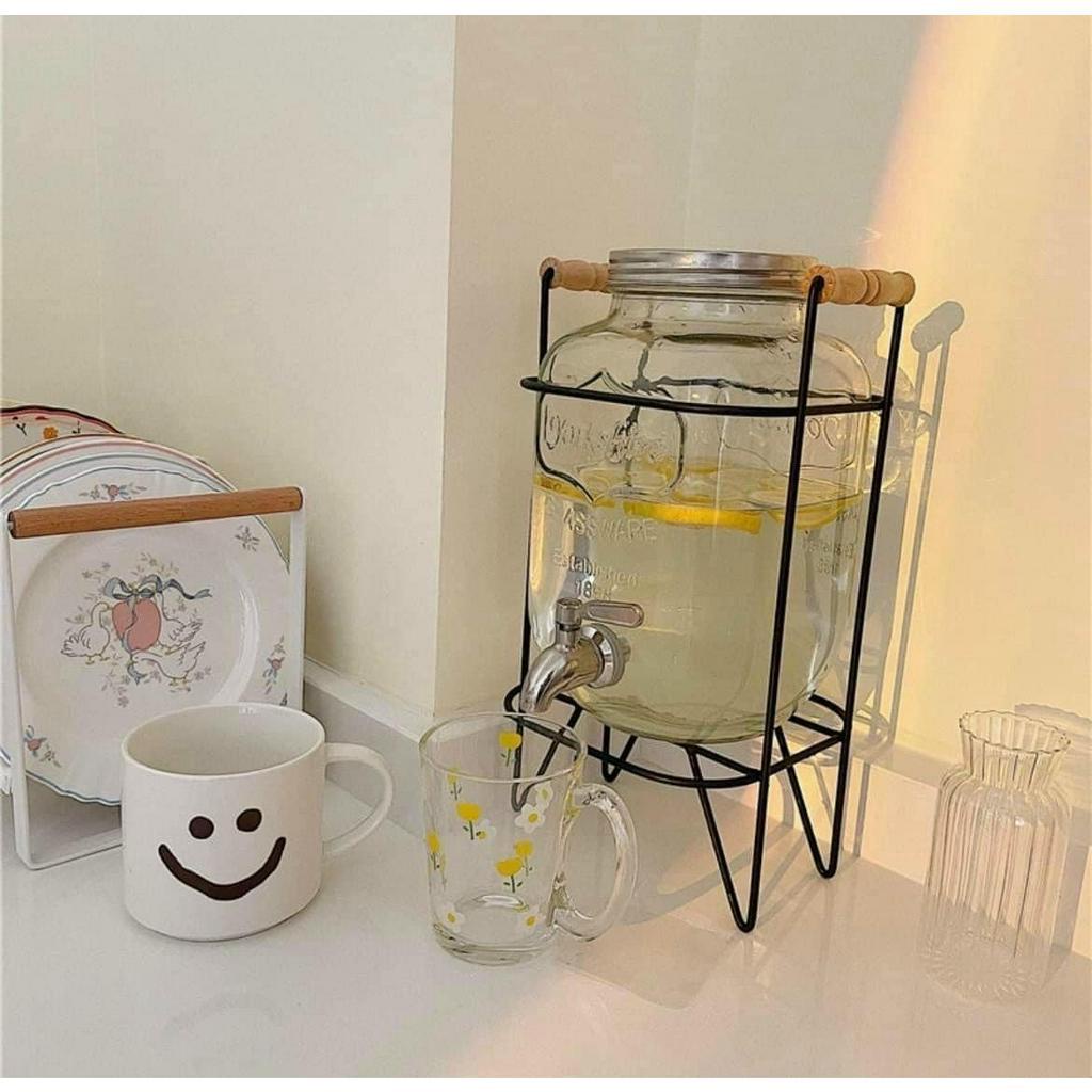 Bình thủy tinh đựng nước có vòi, bình ngâm rượu có vòi kèm khung thép dung tích 4L