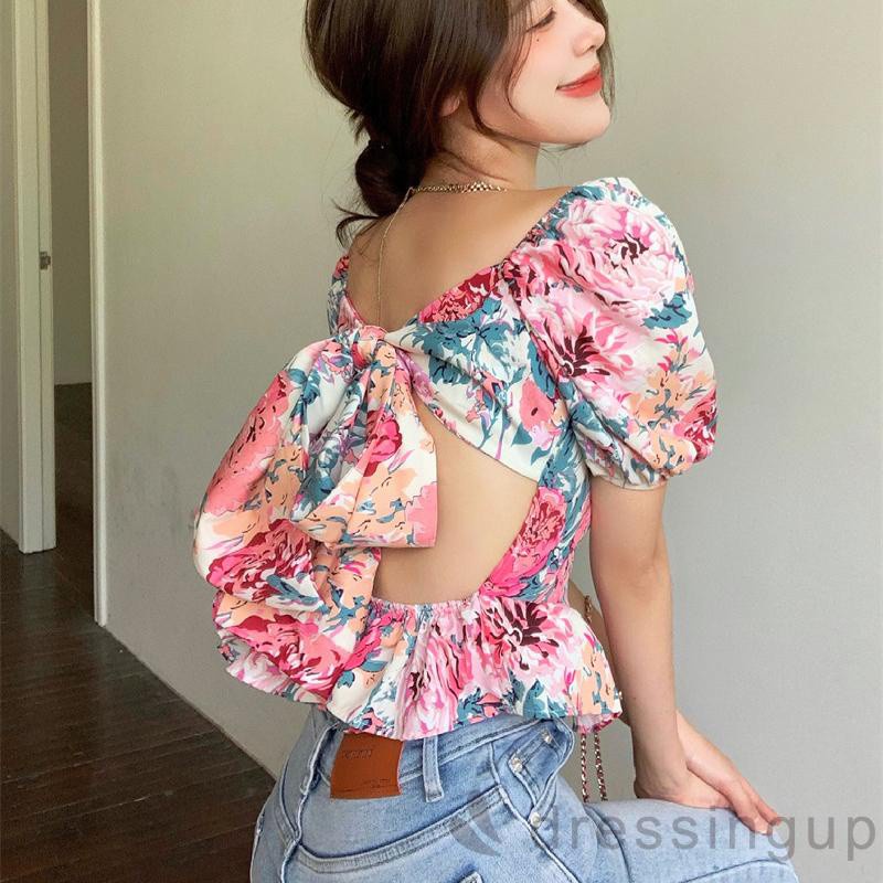 Áo kiểu tay phồng cổ vuông hở lưng in họa tiết hoa thời trang dành cho nữ