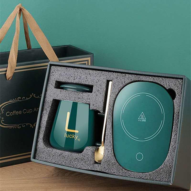 Cốc Hâm Nóng đồ uống kèm đế điện, Bộ ly sứ kèm đế điện hâm nóng trà, cafe, hâm sữa + Tặng kèm thìa vàng, hộp sang trọng