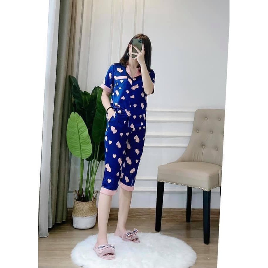 Bộ Pizama Lụa Tằm Họa Tiết Tim