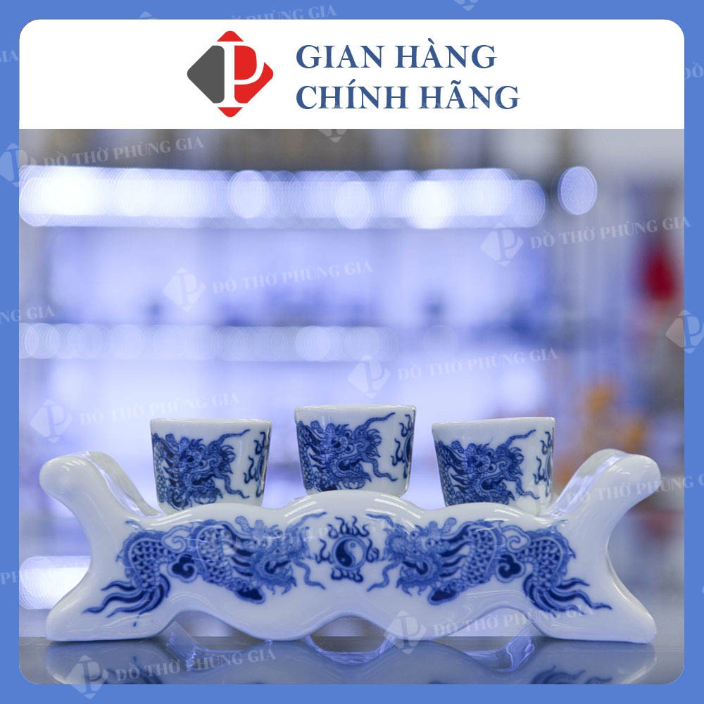 Bộ kỷ 3-5 chén rượu dáng NGAI men Lam Trắng Trơn họa tiết RỒNG, đồ thờ cúng Phùng Gia - Gốm sứ Bát Tràng cao cấp