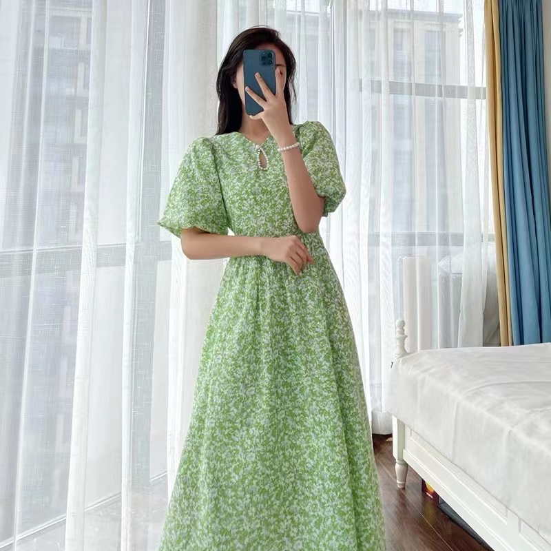 Đầm Dáng Chữ a Cổ Tròn Tay Phồng Đính Hạt Thời Trang Mùa Hè Phong Cách Hàn Quốc Mới
