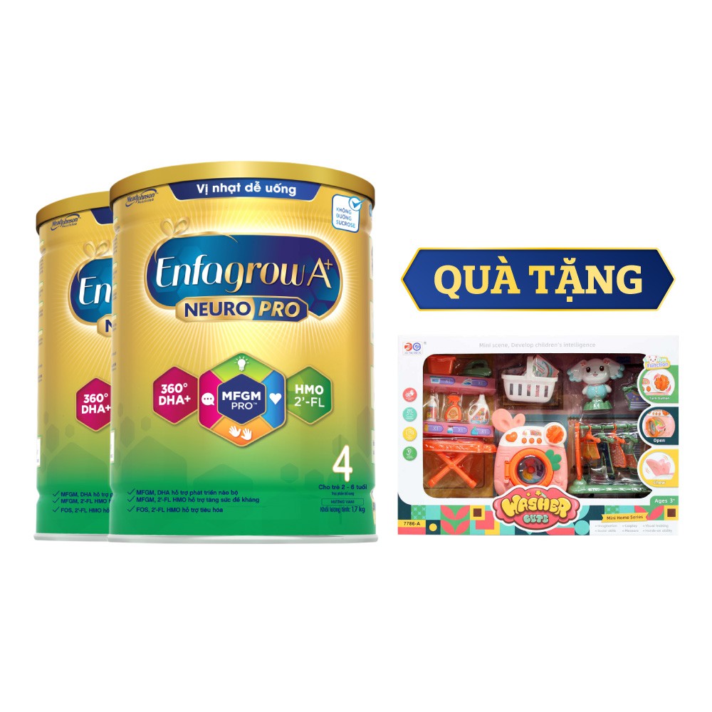 [Tặng Đồ Chơi Máy Giặt] Bộ 2 Sữa bột Enfagrow A+ Neuropro 4 - FL HMO Vị Nhạt Dễ Uống-1.7kg/lon