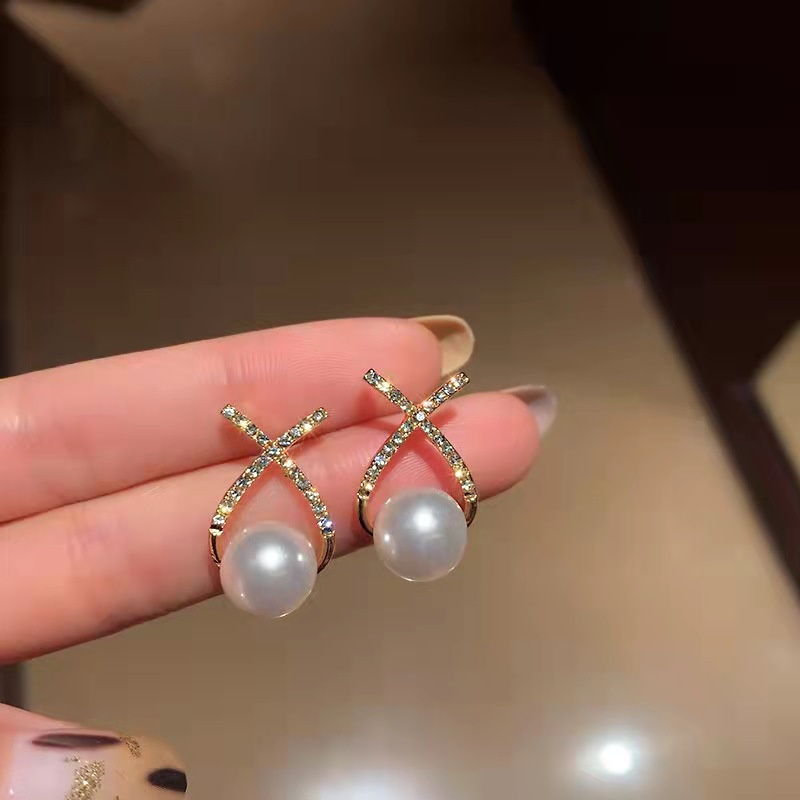 Bông Tai Chữ X Đính Ngọc Trai Phong Cách Pháp Cho Nữ
