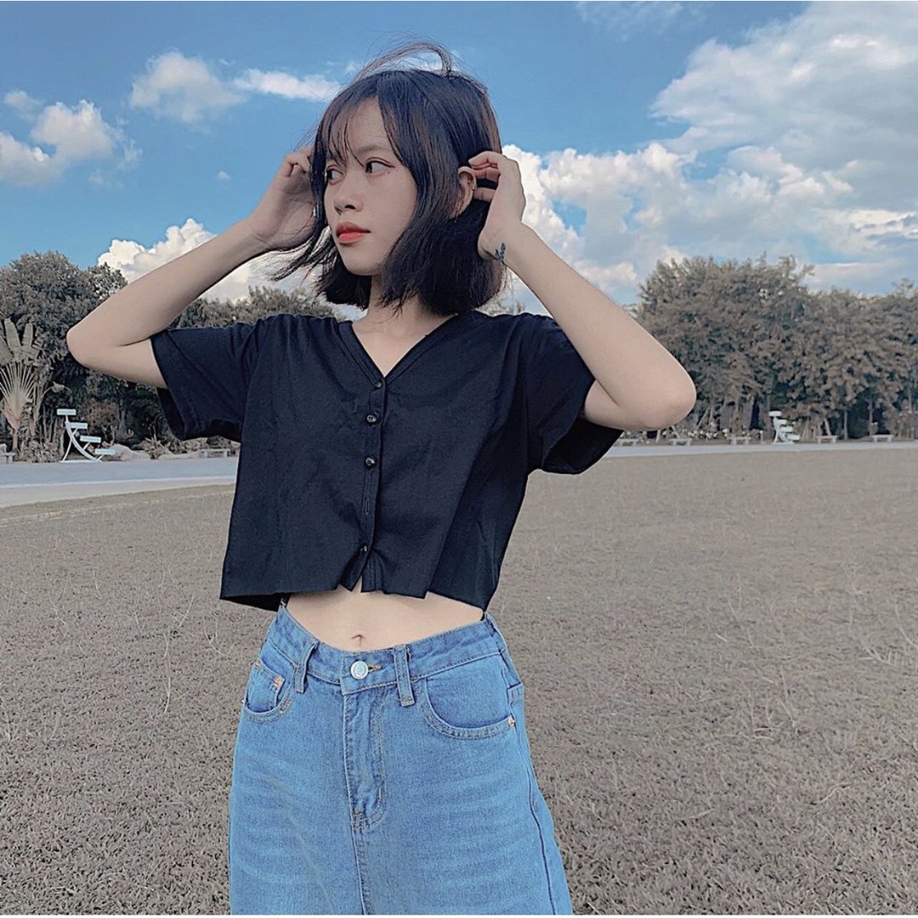 Áo Croptop YUNI VIỀN NÚT Ulzzang Nữ (Kiểu: TÀ ÁO KHÔNG MAY) 1hitshop