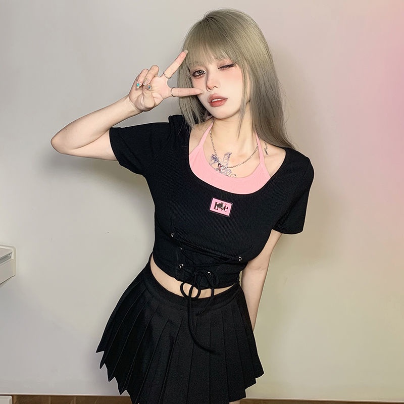 Áo Thun Ngắn Tay Giả Hai Lớp Phong Cách Mùa Hè Thời Trang Cho Nữ