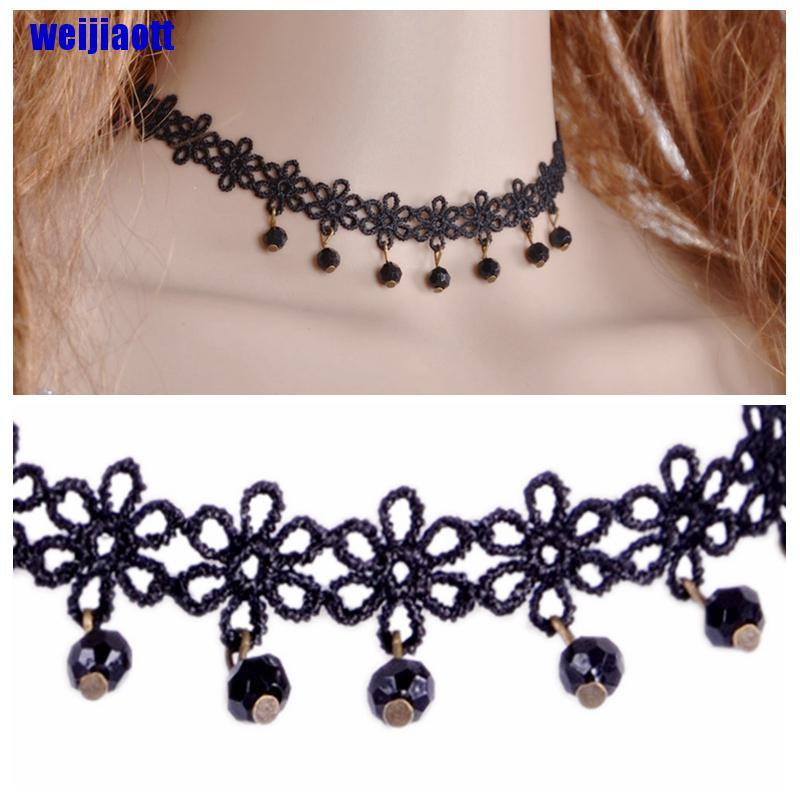 Vòng Cổ Choker Ren Đen Đính Hạt Giả Ngọc Trai Phong Cách Gothic Punk