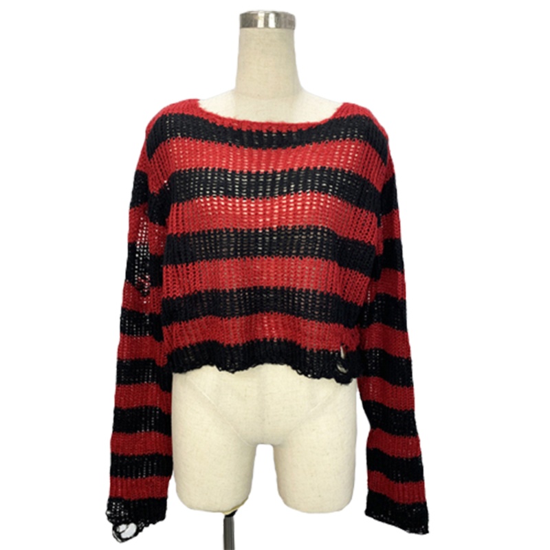 Áo sweater dệt kim cổ tròn tay dài họa tiết kẻ sọc phong cách Gothic punk Harajuku cho nữ