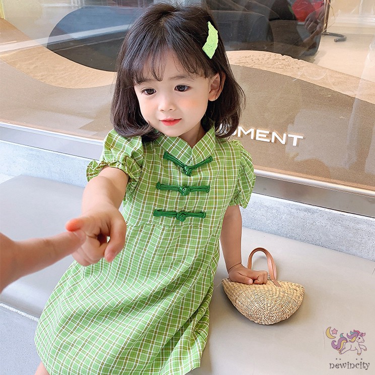 Đầm Kiểu Sườn Xám Tay Phồng Phong Cách Retro Đáng Yêu Thời Trang Hàn Quốc Cho Bé Gái