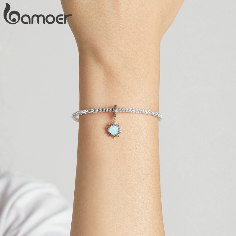 Hạt phụ kiện Bamoer Scc2005 bằng bạc 925 hình mặt trời đính đá opal làm vòng tay và dây chuyền DIY lỗ xỏ 4.5mm