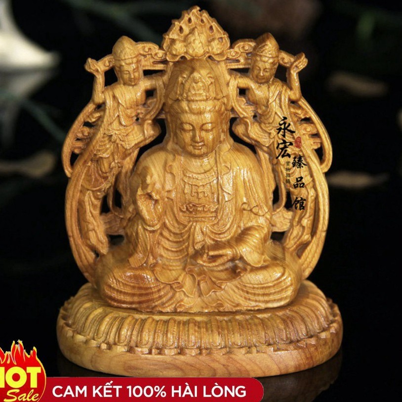 (((GIẢM GIÁ))) Tượng Phật Bà Quan Âm tự tại bằng gỗ -Tặng vòng đeo tay (để trên bàn lv với trên taplo ôtô ) -hàng l