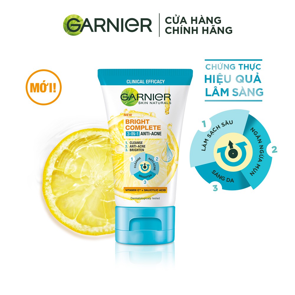 [Mã FMCGMALL -8% đơn 250K] Sữa rửa mặt 3-trong-1 giảm mụn & sáng da Garnier 90ml