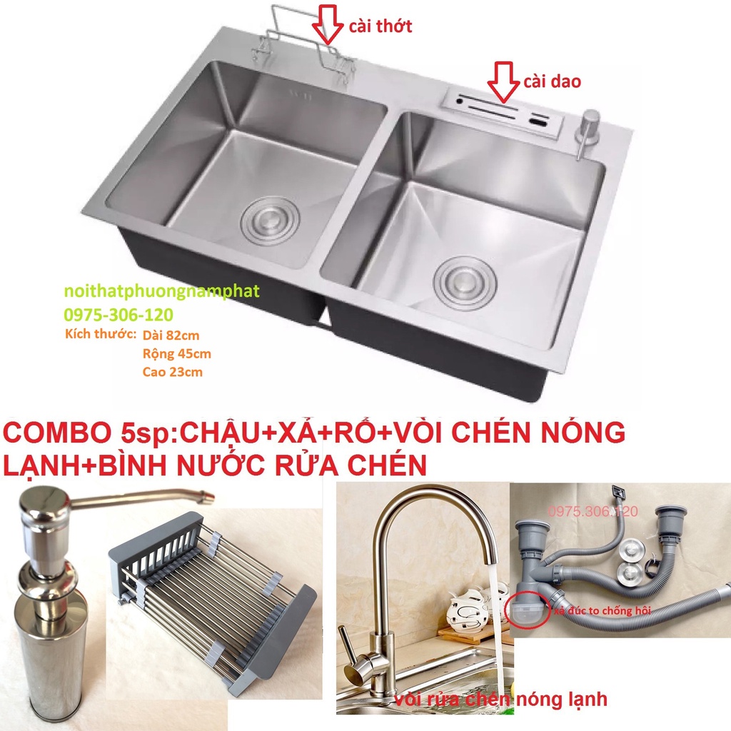 Chậu Rửa Chén Bát INOX SUS 304 N16 8245 NA.GRAND và xả chậu và Rổ rút và Vòi chén nóng lạnh và Bình rửa chén