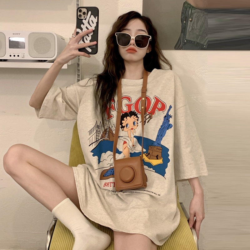 NRVP Áo Thun Nữ Dáng Dài Rộng Tay Ngắn Phong Cách Thời Trang Đường Phố Hàn Quốc