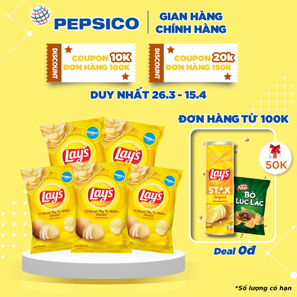 [Mã GRO1APR giảm 20K đơn 150K] Combo 5 Snack Khoai Tây Lay's vị Khoai Tây Tự Nhiên 150g/gói