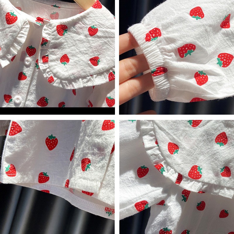 AG02 - Áo sơ mi cổ tròn bé gái, áo kiểu tiểu thư, họa tiết dâu tây  - Richkid123