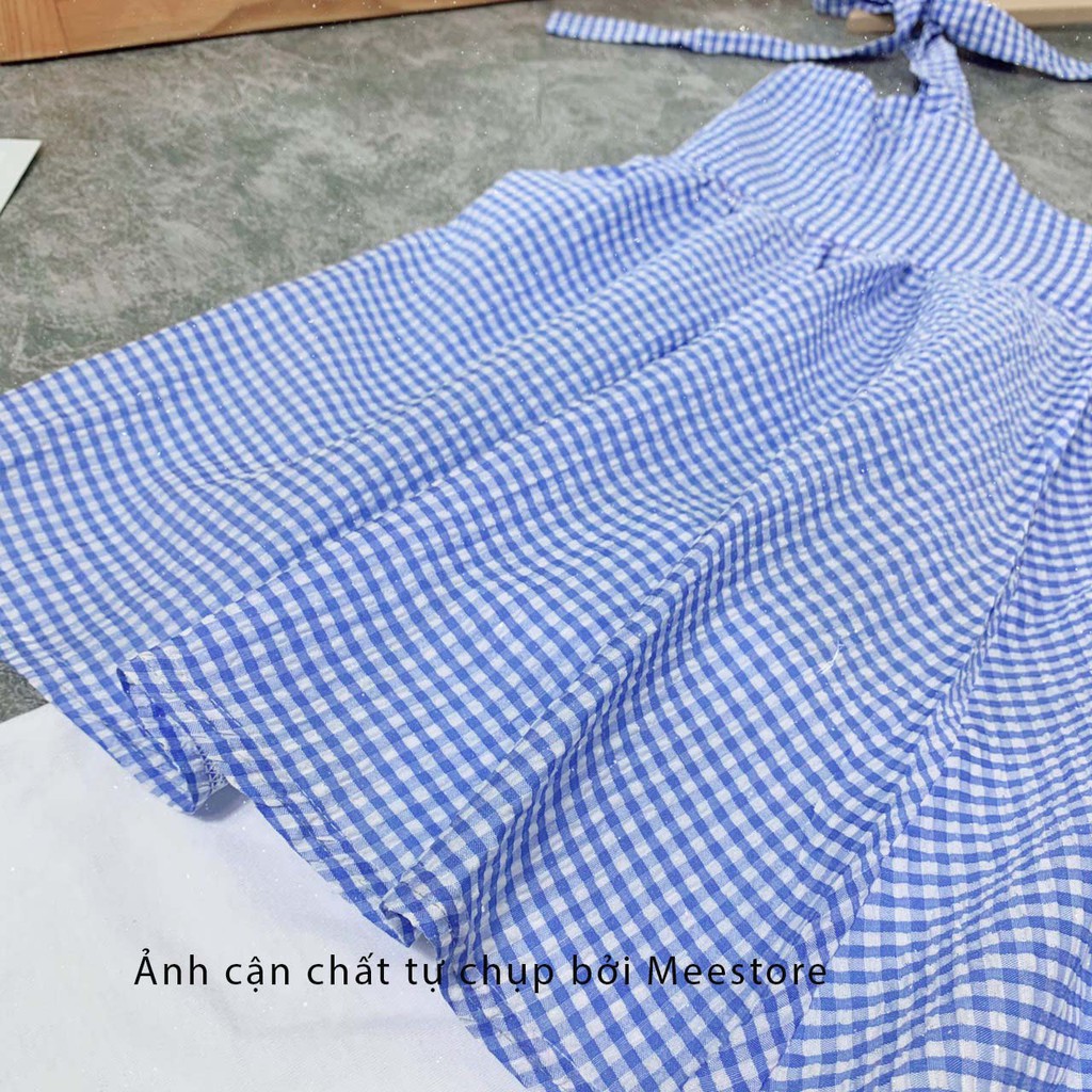 Set áo babydoll nơ vai kẻ xanh- Hai dây kẻ xanh đũi xốp kèm sooc trắng Mee