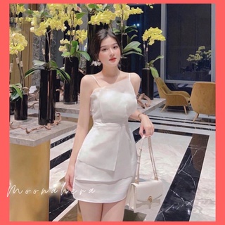 Váy trắng hai dây phối voan bèo vạt lệch xếp tầng. Đầm chữ A đi tiệc cưới