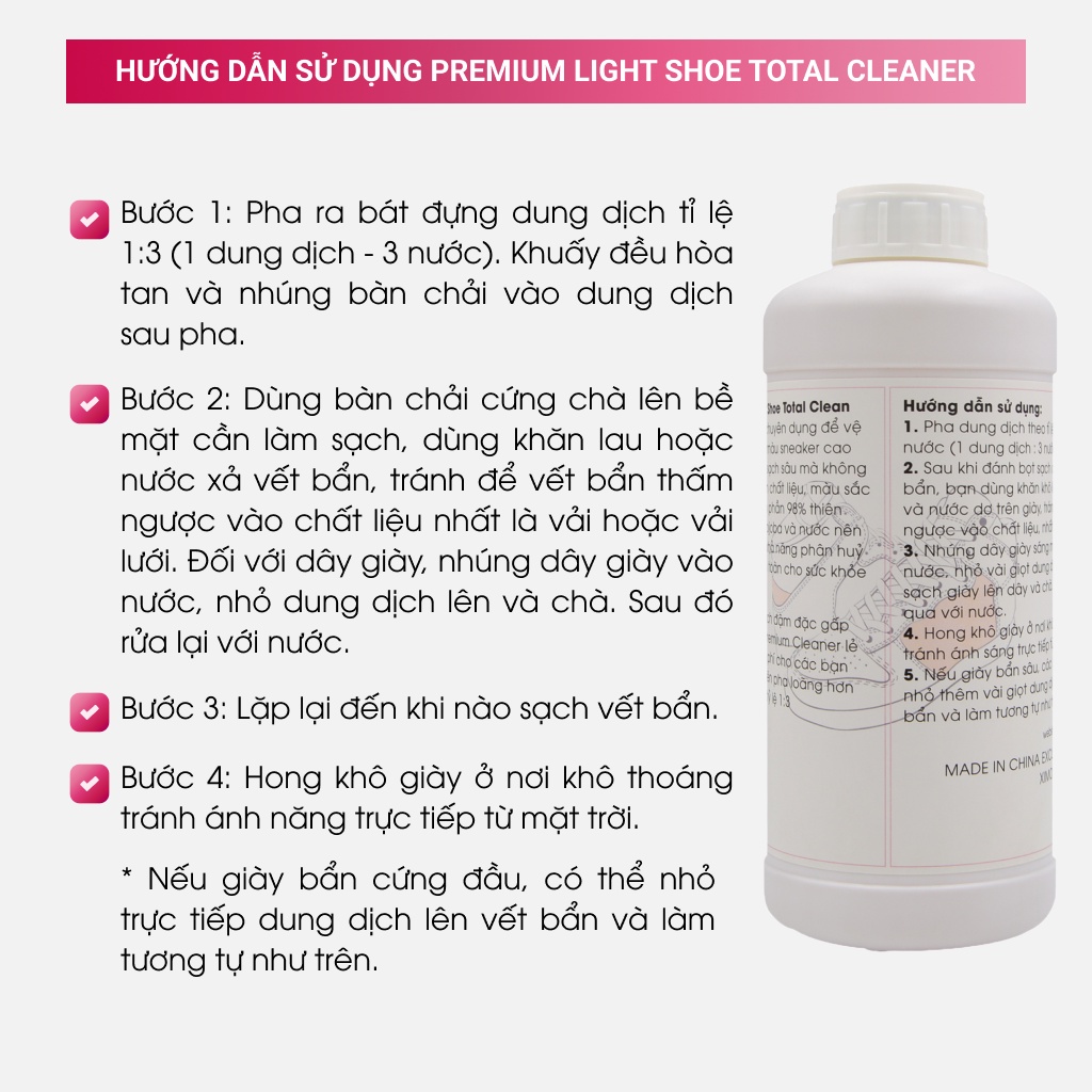 Can dung dịch vệ sinh chăm sóc giày sáng màu XIMO Premium Light Shoe Total Clean phù hợp cho các đại lý - 1000ml